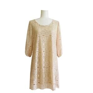 Rachel Kate Dress Cream Pink Lace Overlay 3/4 Sleeve Scoop Neck Mini Medium NEW